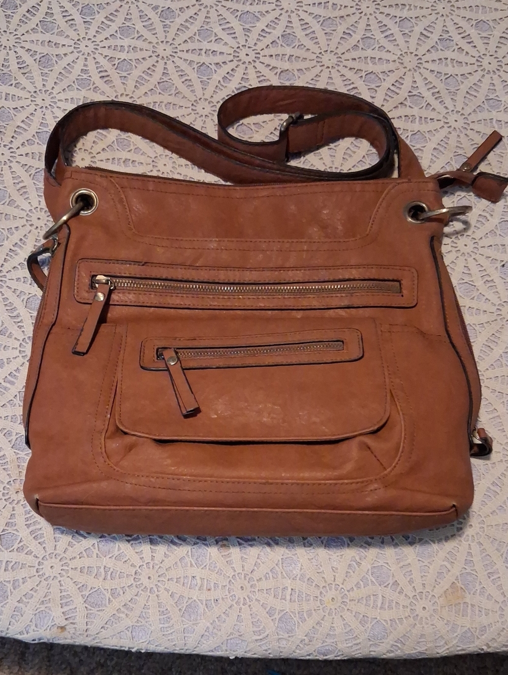 Bueno Cognac Brown Leather Shoulder Bag with Front Zip Pockets
